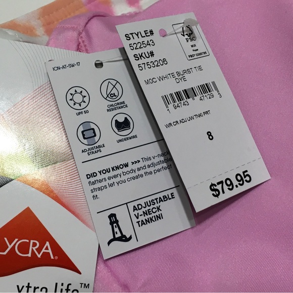 Lands' End Size 8 White Burst Tie Dye Underwire V-Neck Tankini UPF 50 Swim Tank - Picture 4 of 7